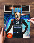 Personalized Philadoggos 76ers pet puzzle featuring a bulldog in a basketball jersey, with hands assembling it.
