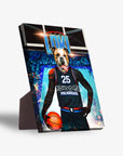 Personalized Philadoggos 76ers pet standing canvas featuring a bulldog in a black basketball jersey.
