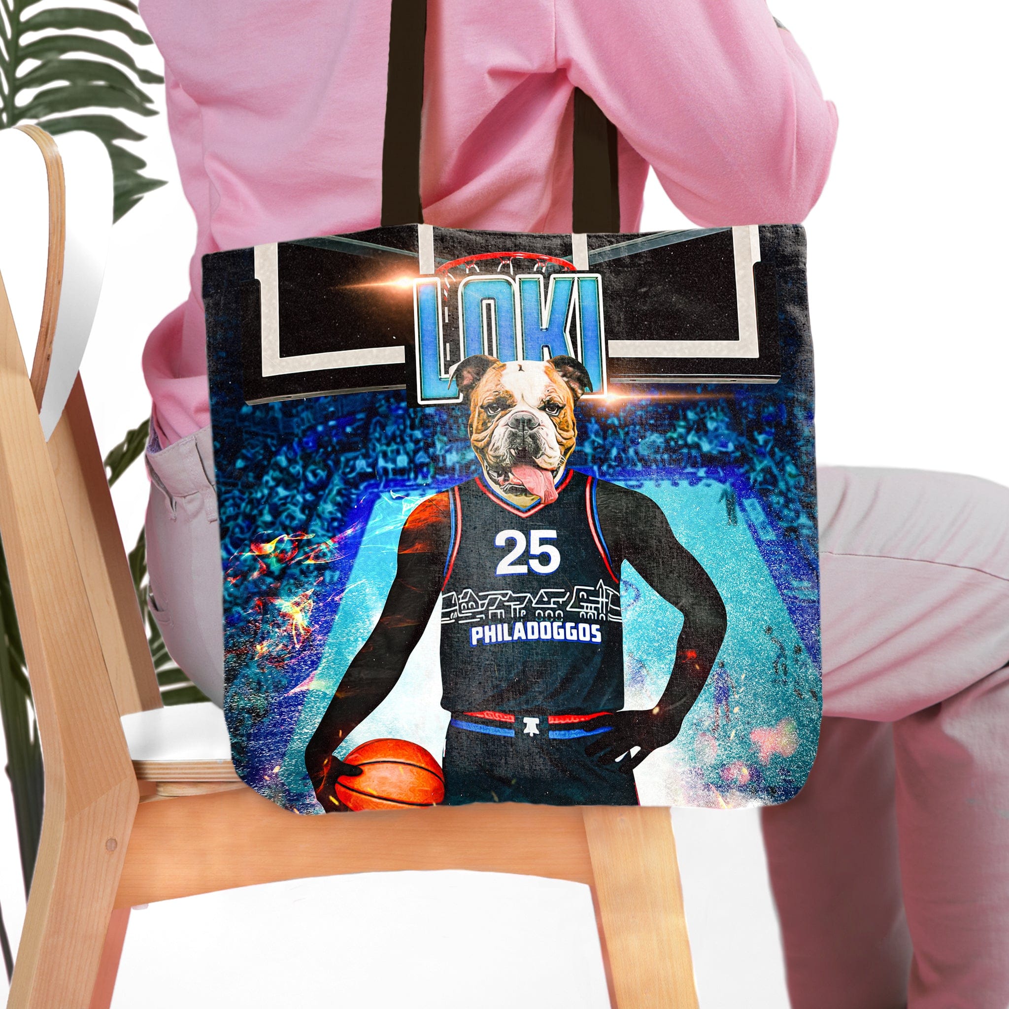 Personalized Philadoggos 76ers tote bag with a custom bulldog pet portrait in a basketball jersey.