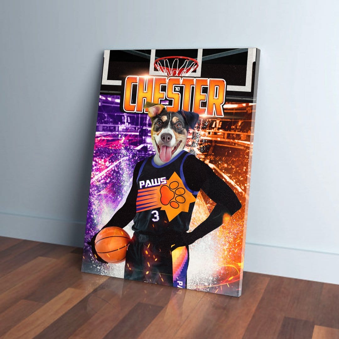 Personalized pet canvas featuring a dog in a black basketball jersey holding a ball, with "CHESTER" and "PAWS" text.