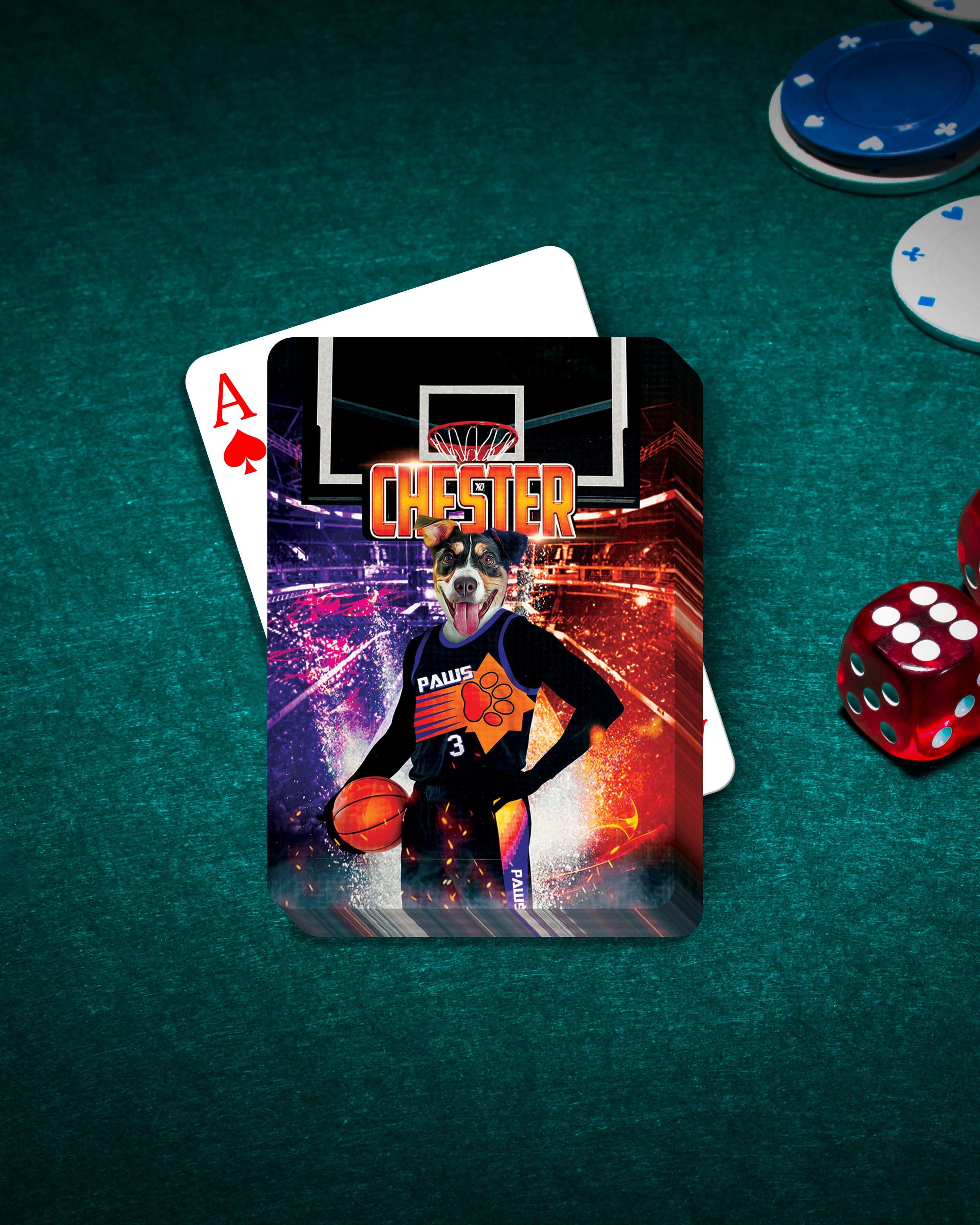 Personalized playing card featuring a dog in a basketball uniform on a vibrant court.