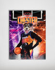 Personalized pet poster featuring a dog in a black basketball jersey with "CHESTER" and a paw print logo.