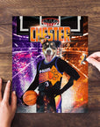 Personalized pet puzzle featuring a dog in a custom basketball uniform with "Chester" and "Paws" text.