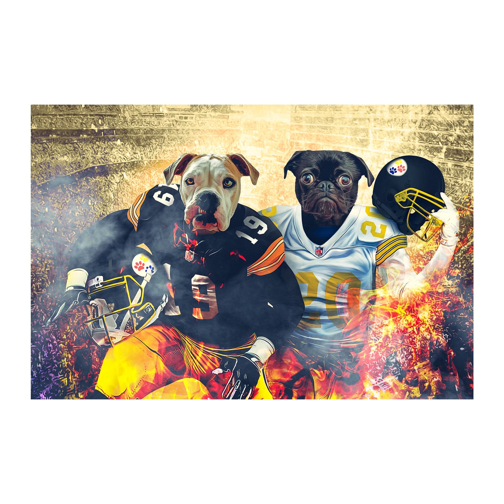 Custom digital portrait of two dogs in Pittsburgh Steelers football uniforms.