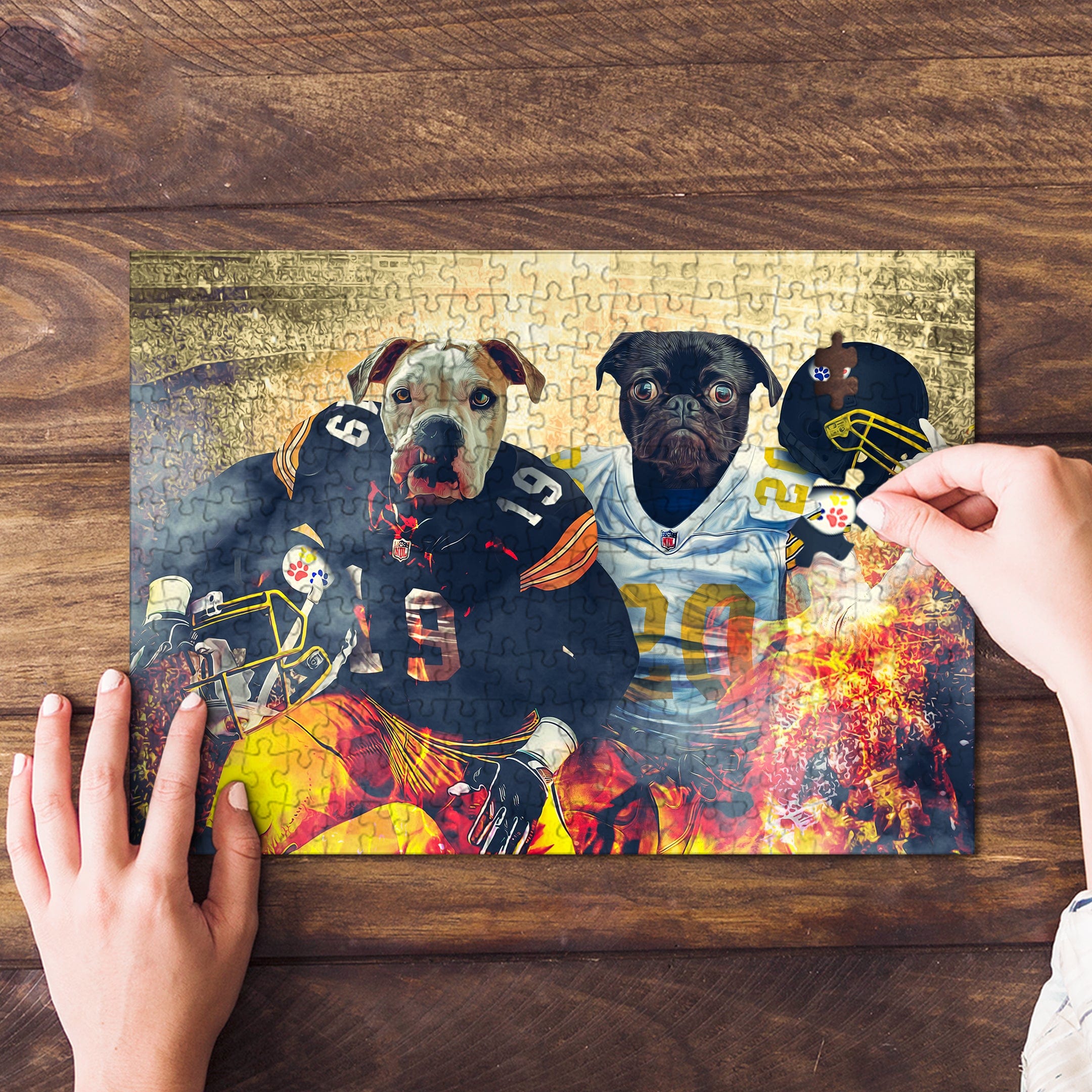 Personalized 2 pet puzzle featuring dogs dressed as football players, being assembled on a wooden surface.
