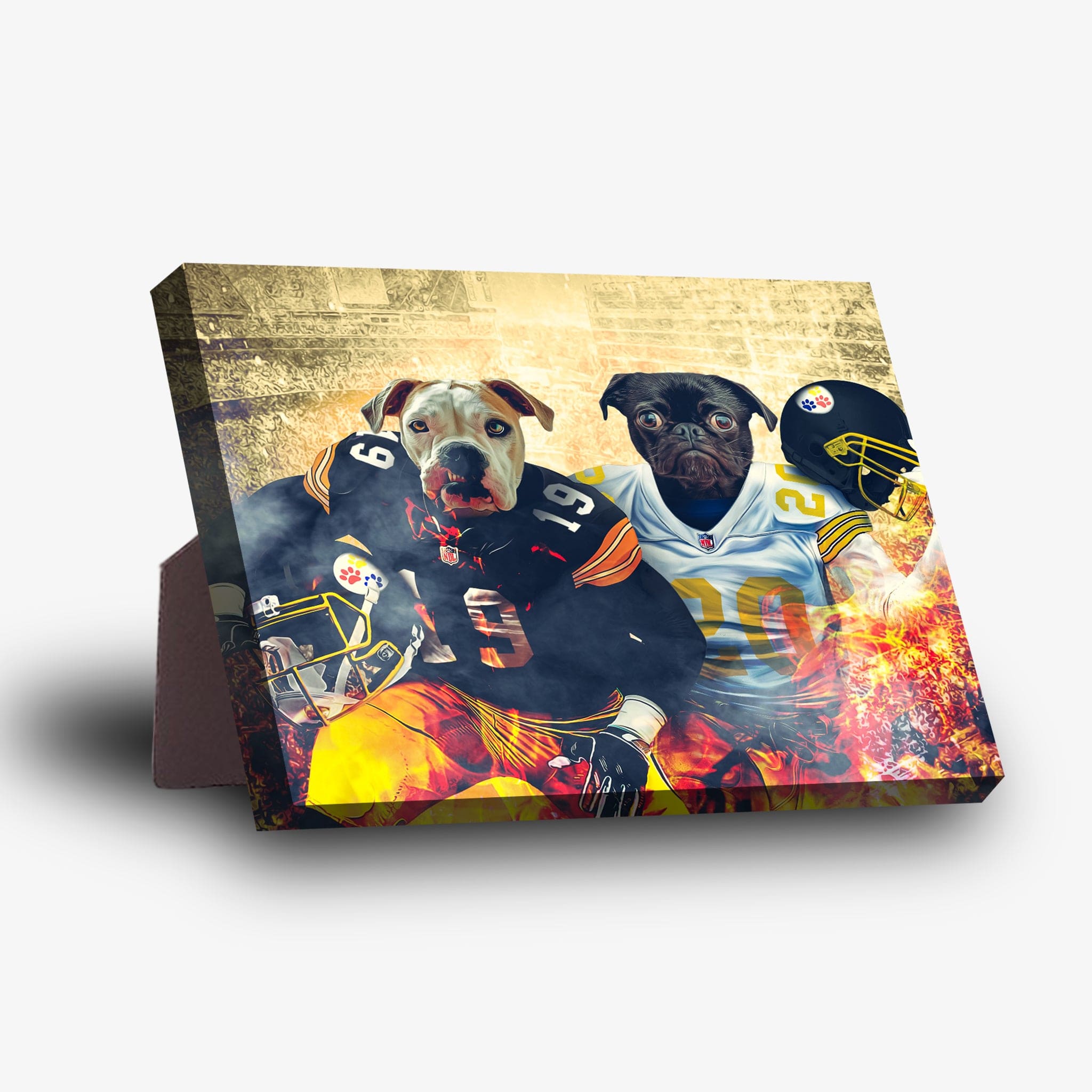 Personalized standing canvas featuring two dogs in Pittsburgh Steelers football uniforms with a fiery background.