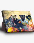 Personalized standing canvas featuring two dogs in Pittsburgh Steelers football uniforms with a fiery background.