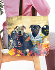 Personalized two-pet tote bag featuring a bulldog and pug in Pittsburgh Steelers football uniforms.