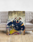 Personalized pet blanket with a custom dog portrait in a football uniform, named Frank.