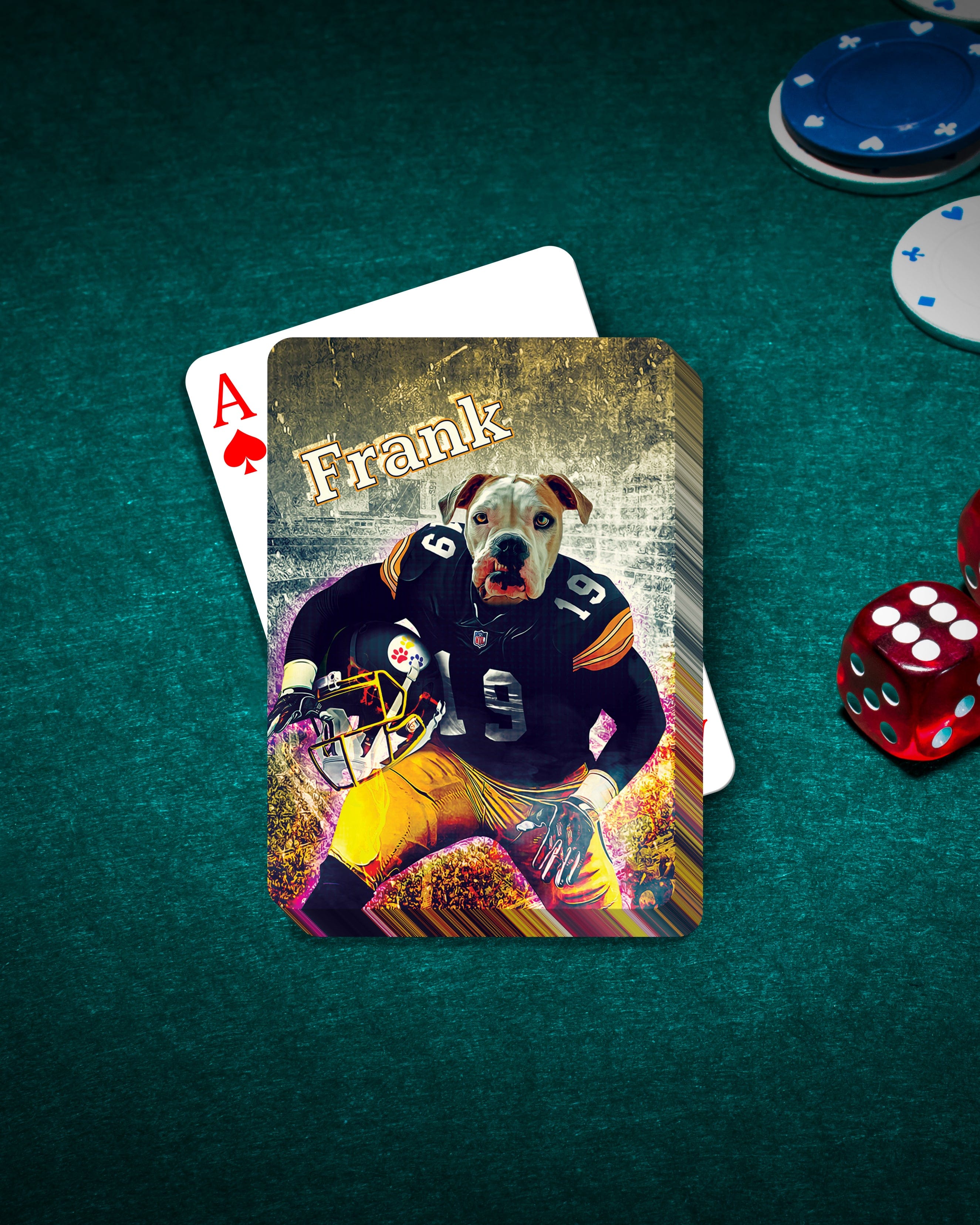 Personalized playing card featuring a bulldog in a Pittsburgh Steelers football uniform, named "Frank.