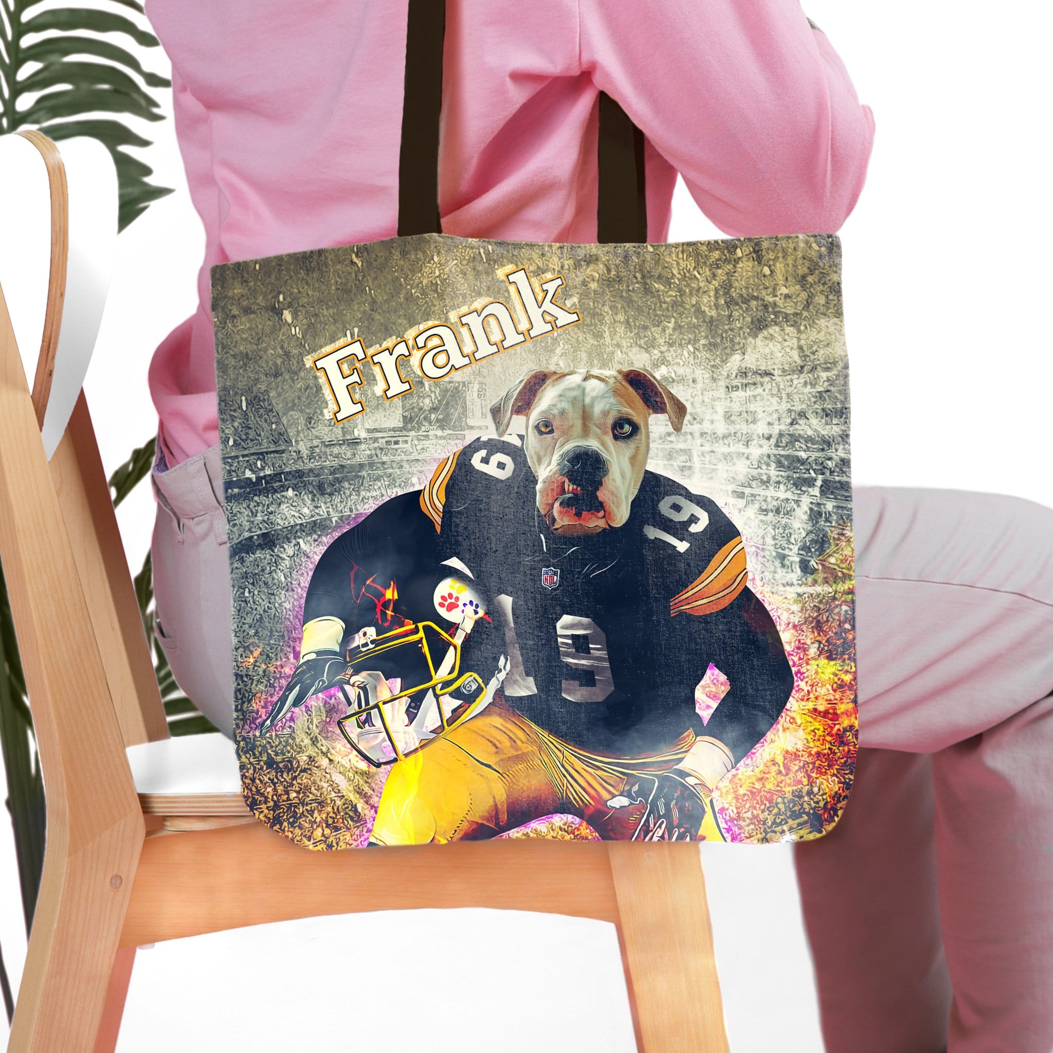 Personalized Pittsburgh Doggos tote bag featuring a custom dog portrait in a football uniform.
