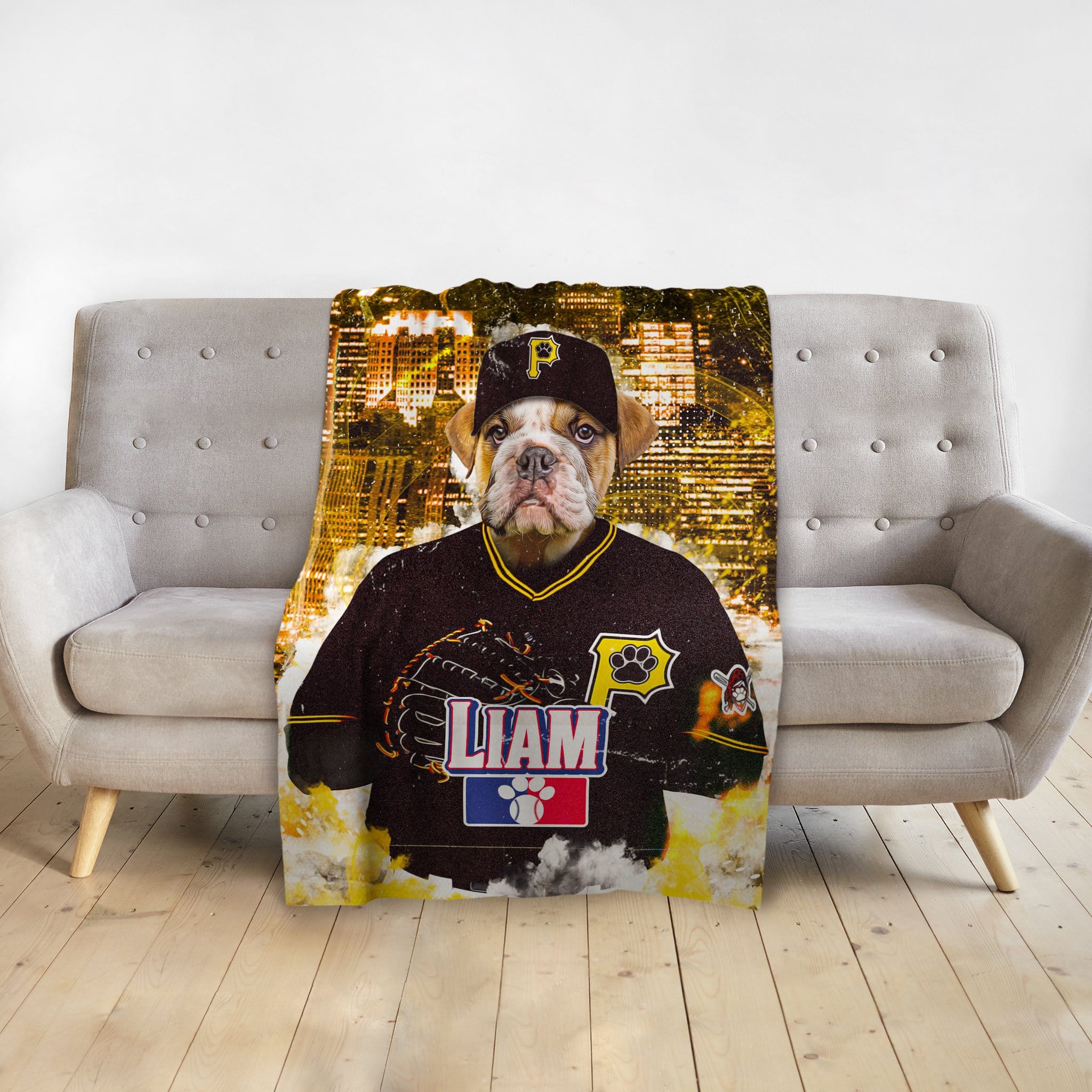 Personalized pet blanket featuring a bulldog in a baseball uniform with "LIAM" and a city skyline.