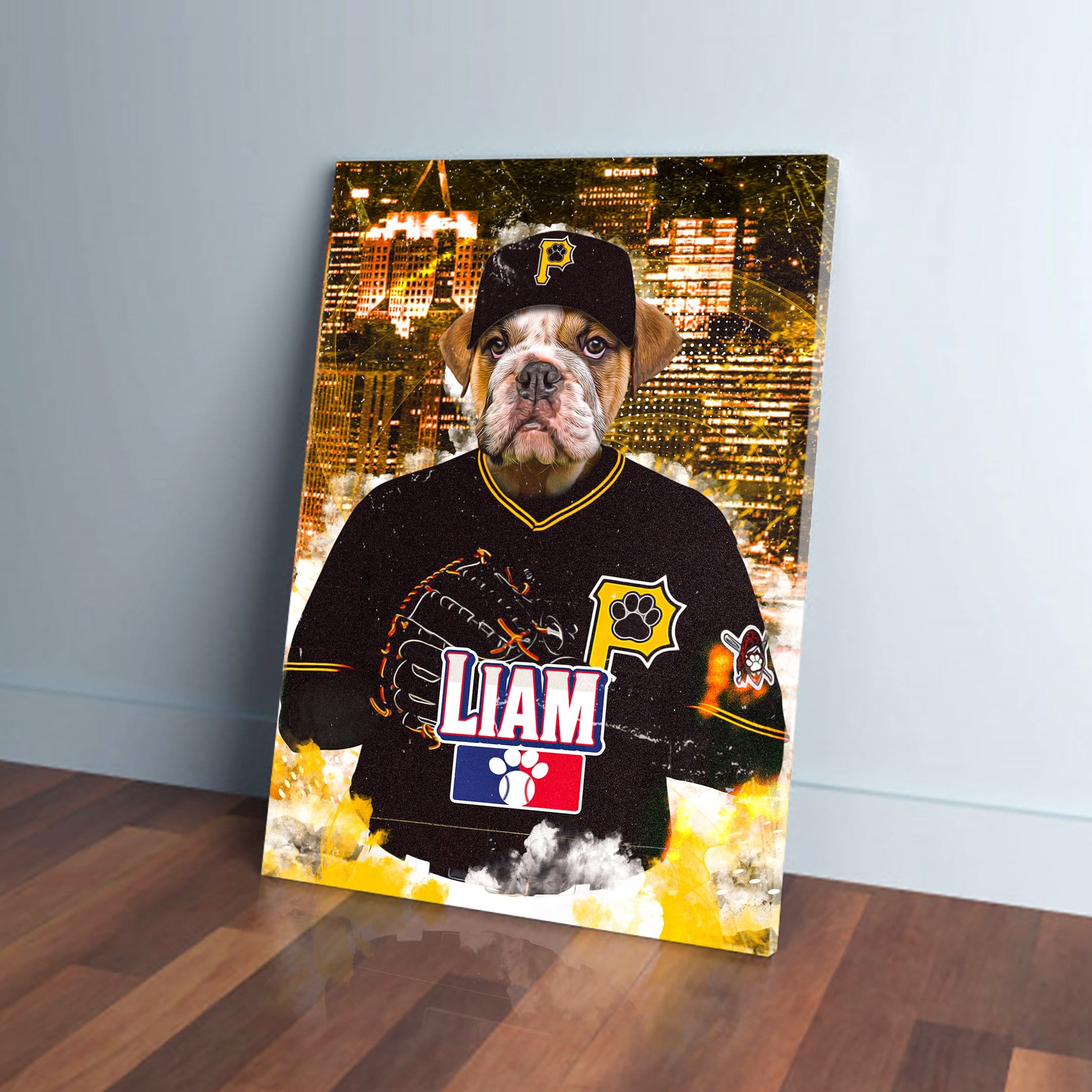 Personalized pet canvas featuring a bulldog in a black Pittsburgh Pawrates baseball uniform and cap.