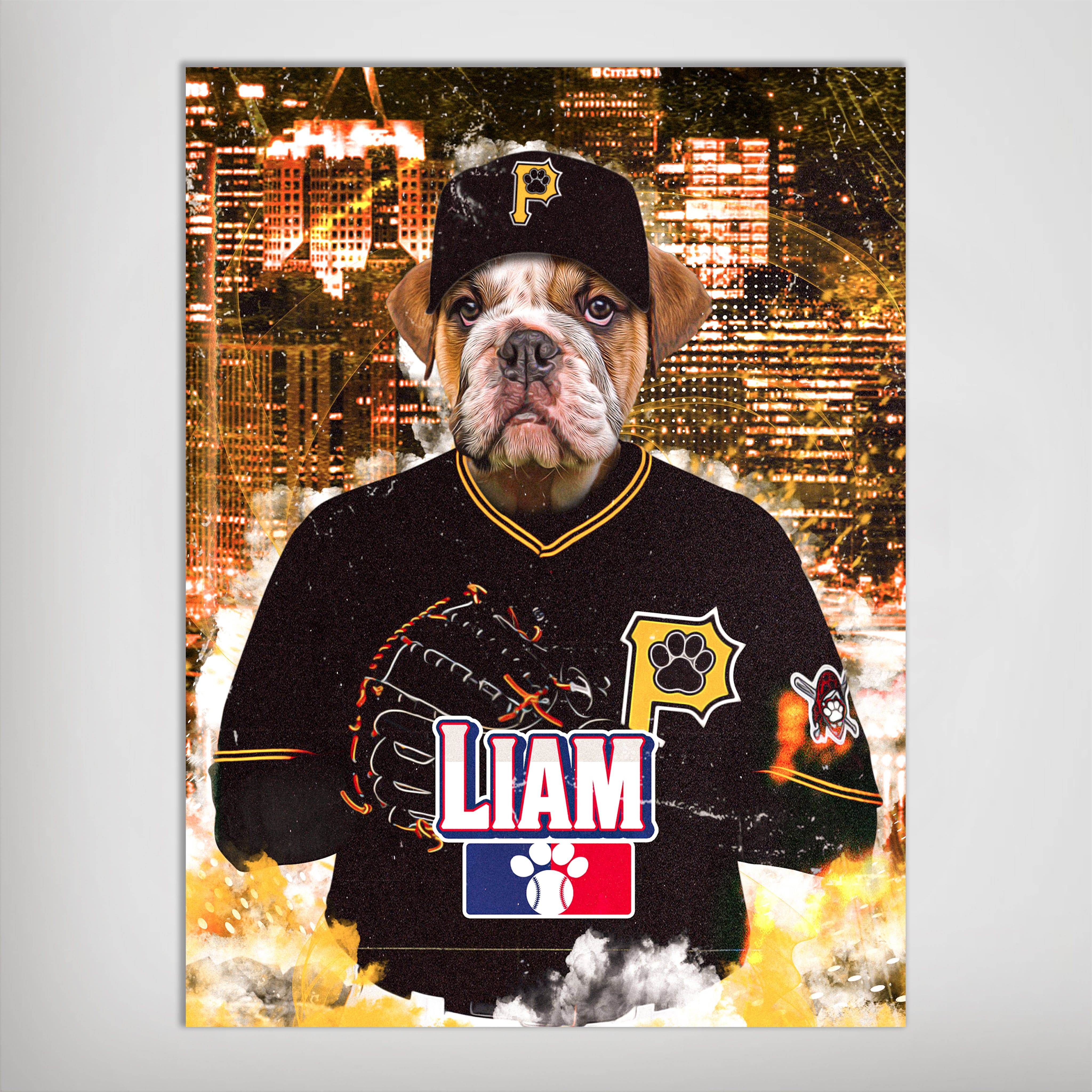 Personalized 'Pittsburgh Pawrates' pet poster featuring a bulldog in a black baseball uniform with a city skyline.