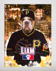 Personalized 'Pittsburgh Pawrates' pet poster featuring a bulldog in a black baseball uniform with a city skyline.