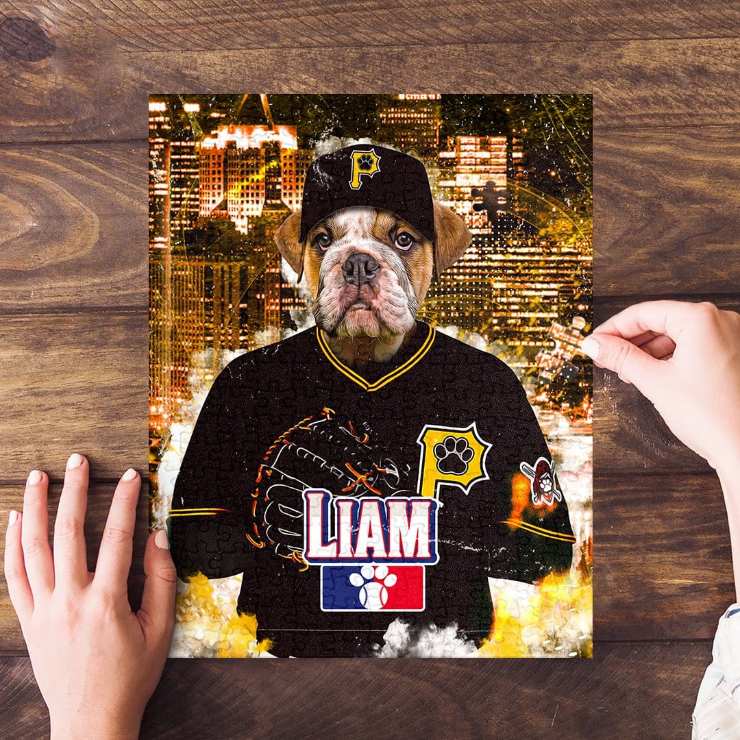 Personalized pet puzzle featuring a bulldog in a Pittsburgh Pawrates baseball uniform against a city skyline.
