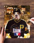 Personalized pet puzzle featuring a bulldog in a Pittsburgh Pawrates baseball uniform against a city skyline.