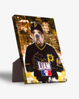 Personalized Pittsburgh Pawrates pet standing canvas featuring a bulldog in a black baseball uniform and cap.
