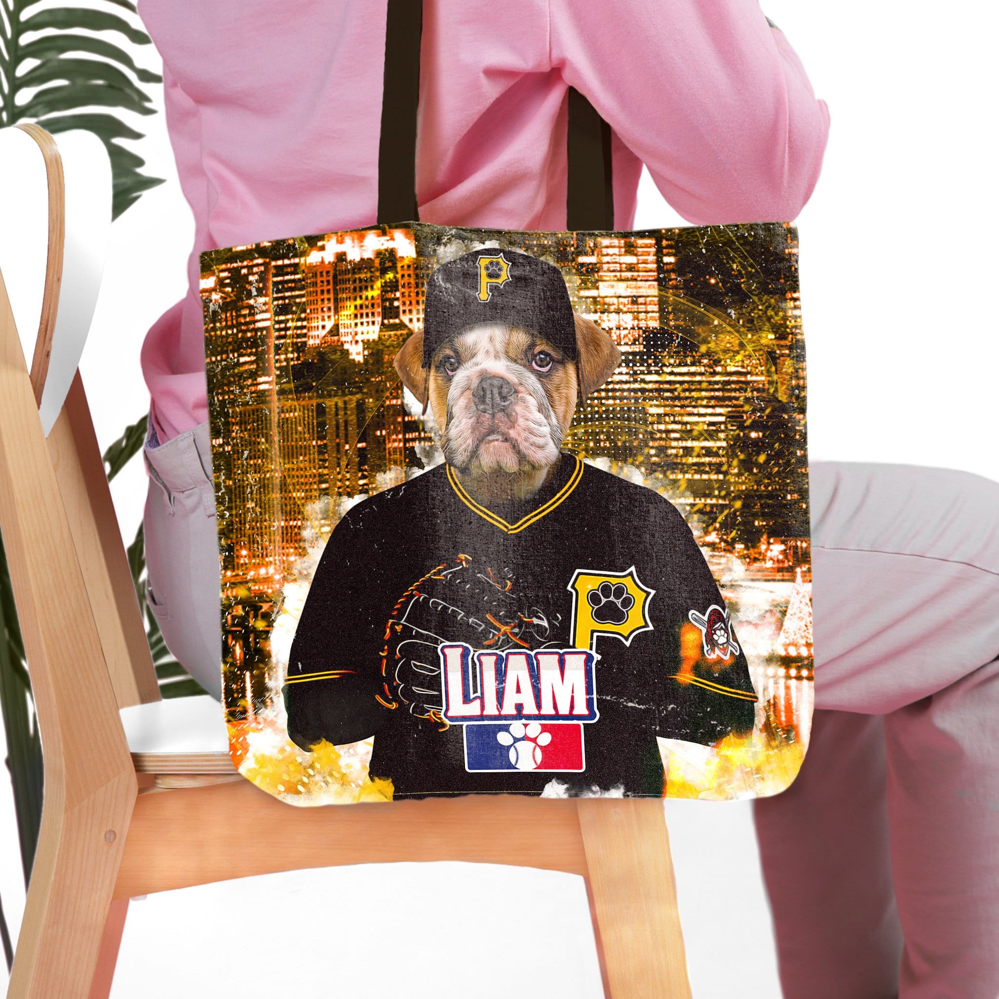 Personalized 'Pittsburgh Pawrates' tote bag with a custom bulldog pet portrait in a baseball uniform.