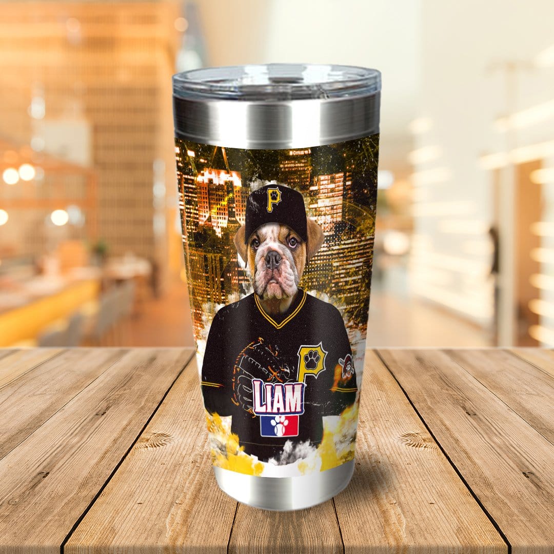 Personalized stainless steel tumbler with a custom bulldog pet portrait in a baseball uniform.