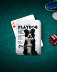 Custom playing cards featuring a personalized black and white border collie pet portrait on a green poker table.
