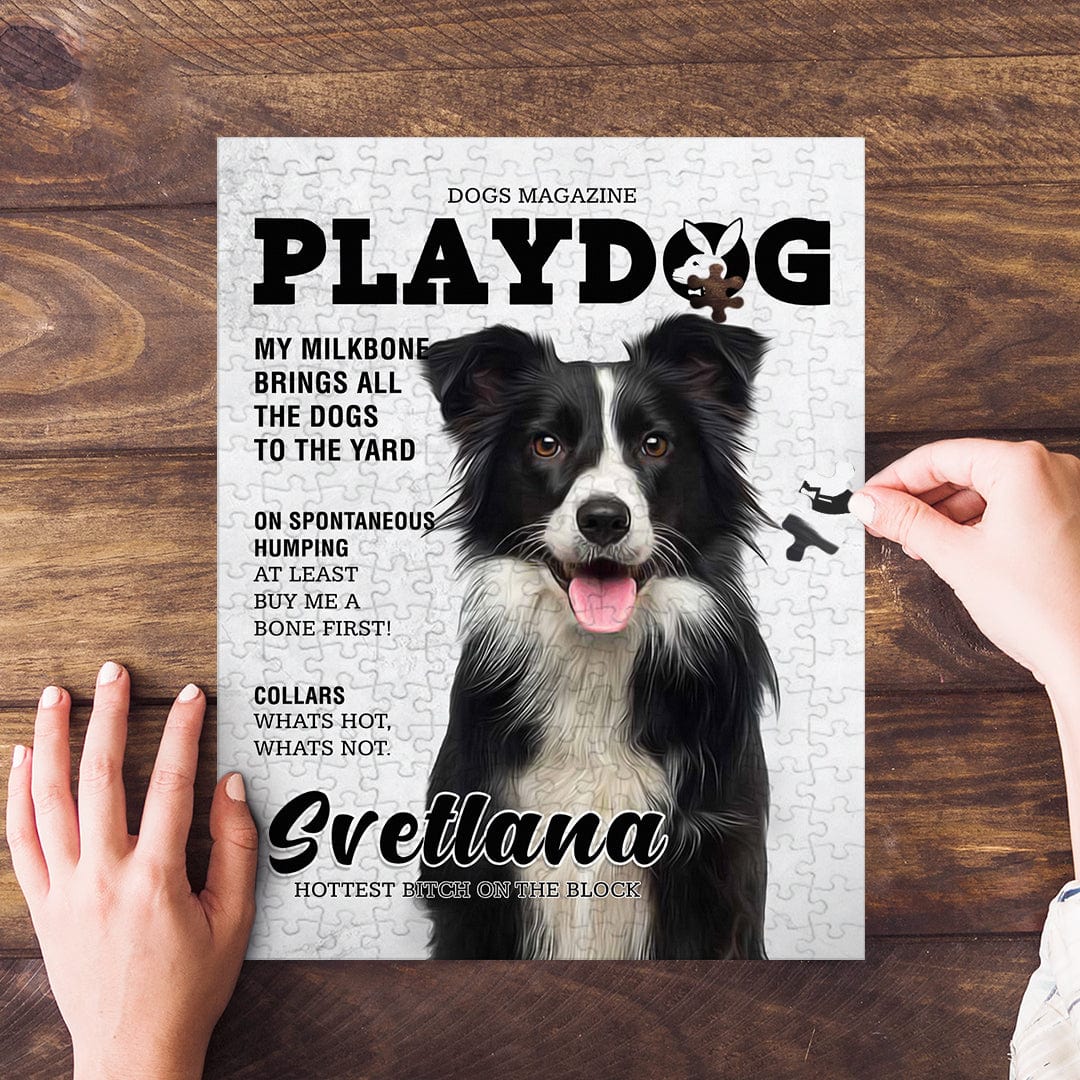 Personalized Playdog puzzle featuring a black and white Border Collie portrait on a wooden table.