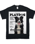 Black Gildan unisex t-shirt featuring a personalized "Playdog" magazine cover design with a black and white Border Collie.