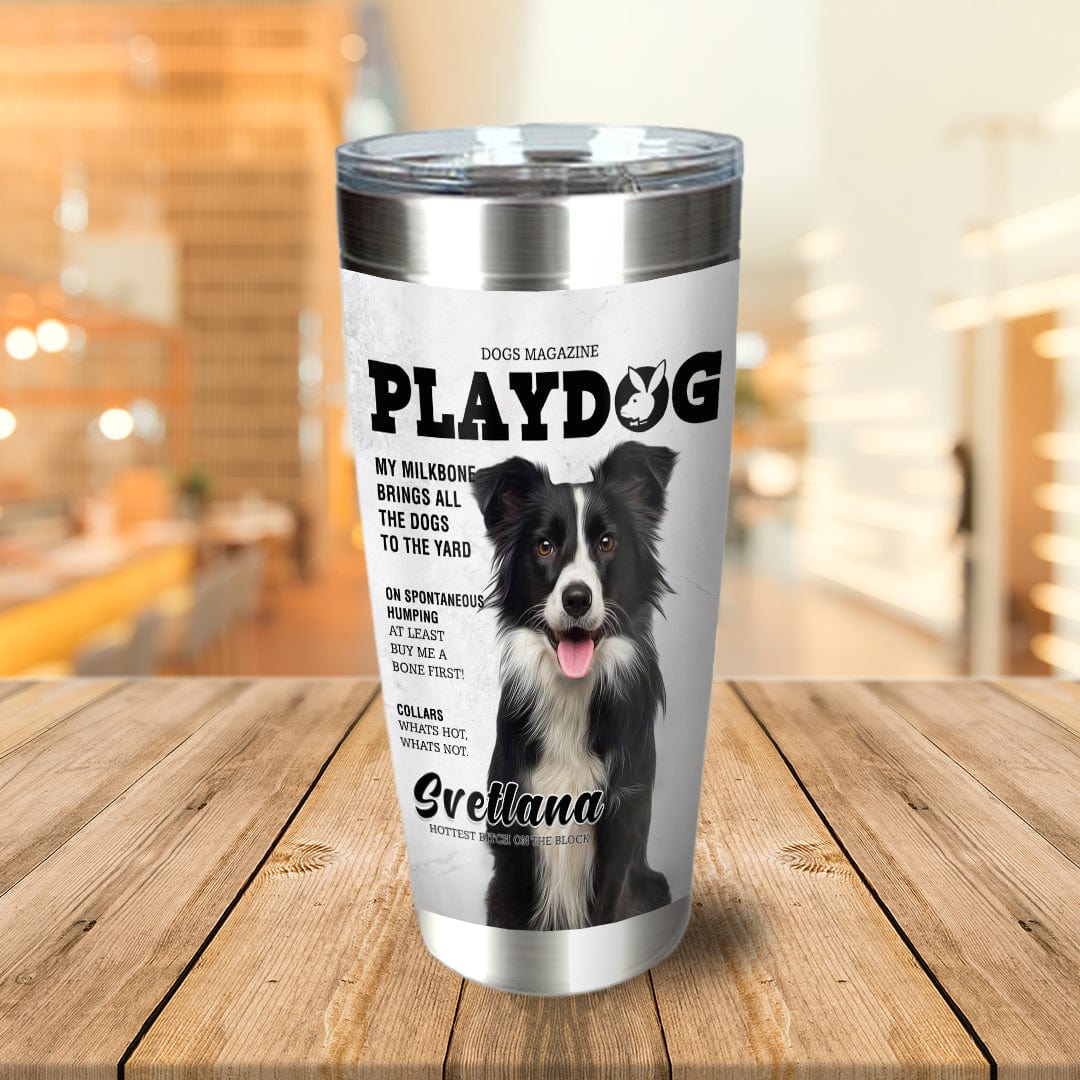 Personalized stainless steel tumbler with a custom Border Collie dog portrait in a magazine cover style.