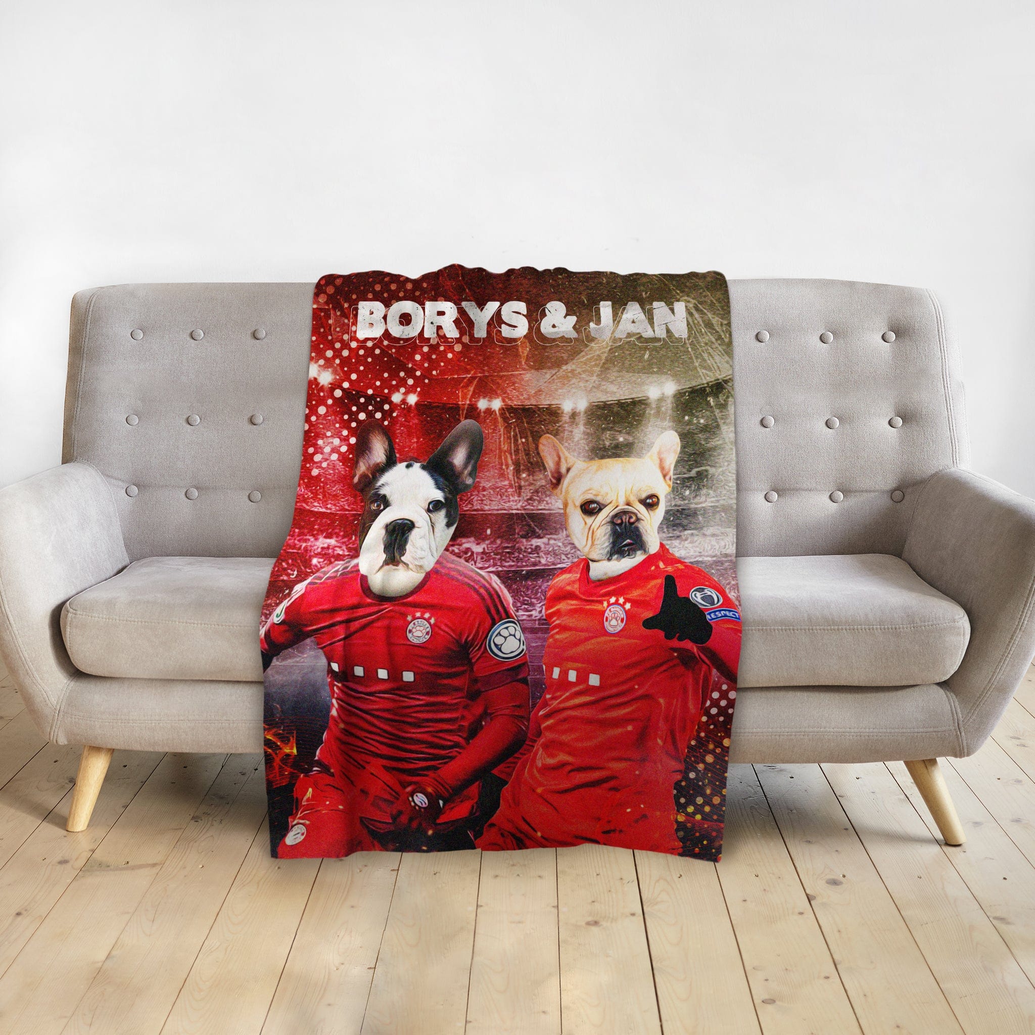 Personalized minky blanket with two French Bulldog pet portraits in red soccer jerseys, "Borys &amp; Jan" text.