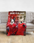 Personalized minky blanket with two French Bulldog pet portraits in red soccer jerseys, "Borys & Jan" text.