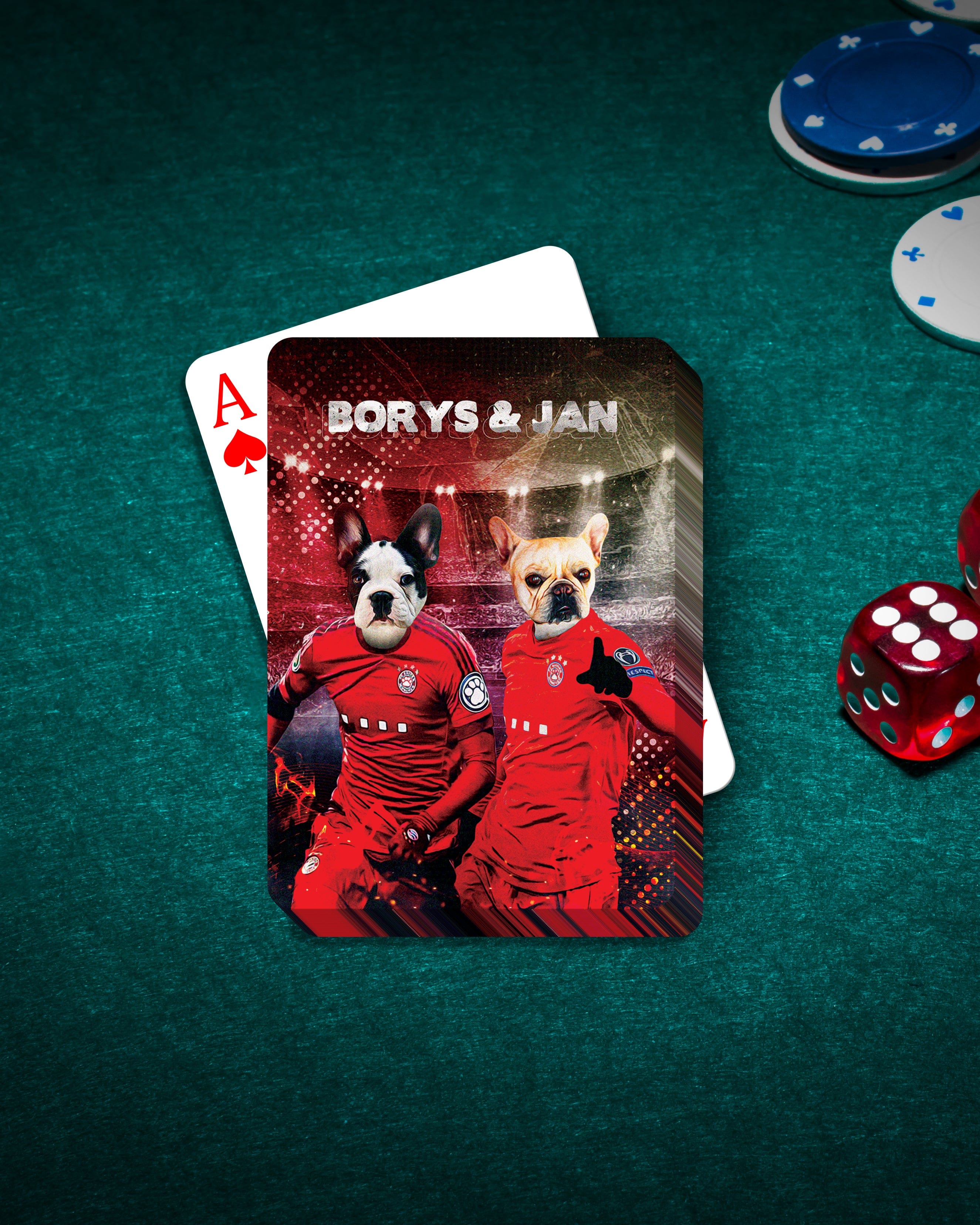 Personalized playing card featuring two custom dog portraits in red soccer jerseys.