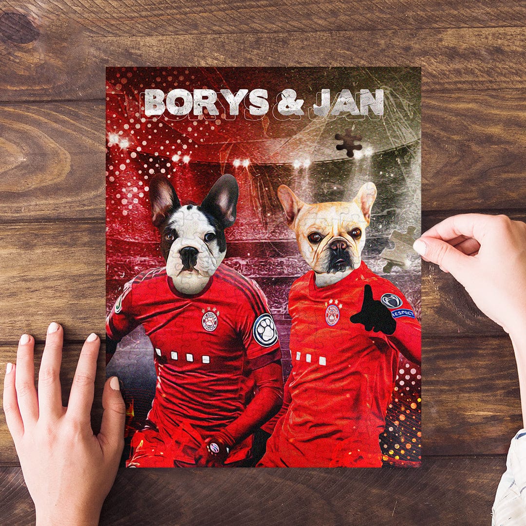 Personalized 2 pet puzzle featuring two dogs in red soccer jerseys with names "Borys & Jan".