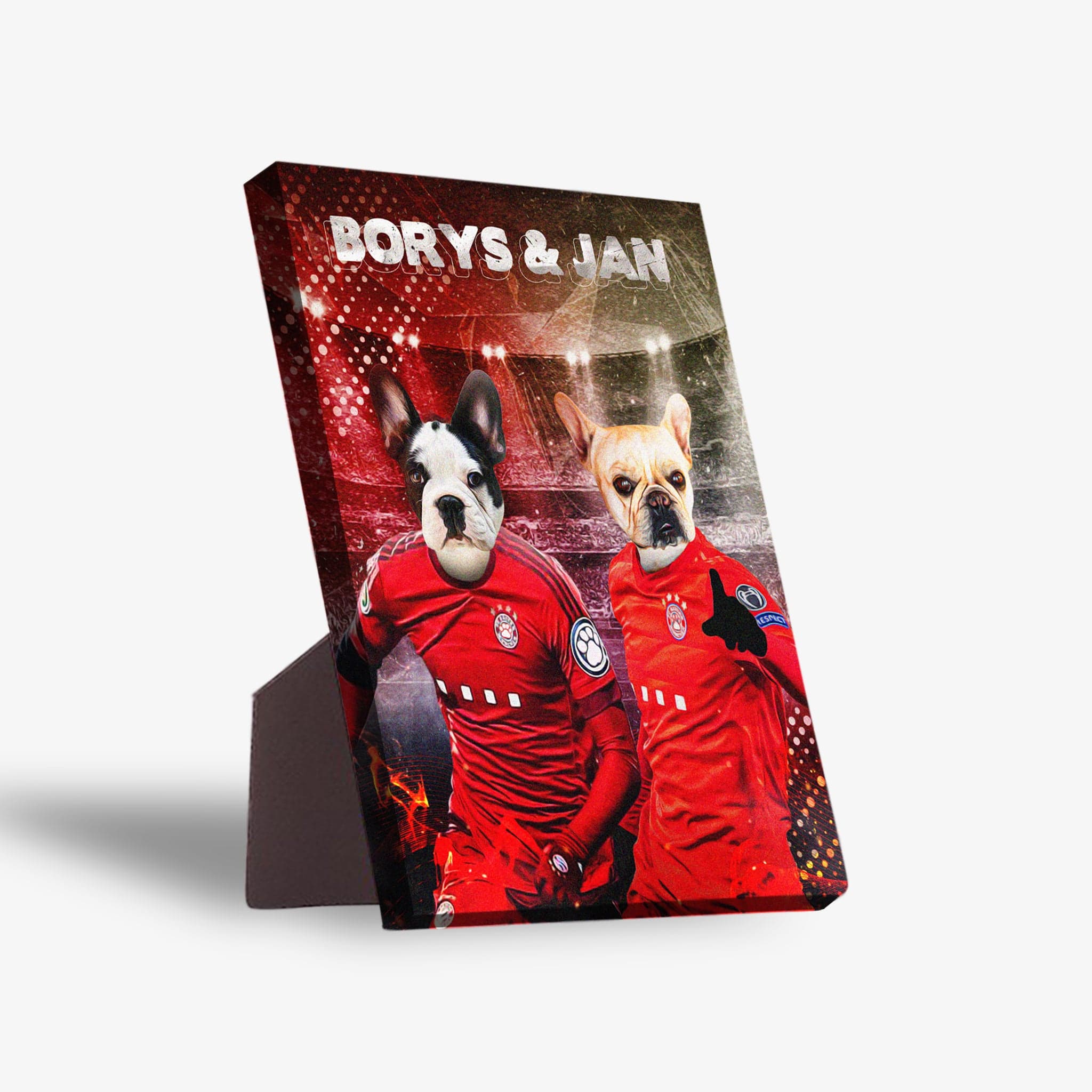 Personalized 'Poland Doggos' standing canvas featuring two pets in red soccer jerseys.