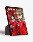 Personalized 'Poland Doggos' standing canvas featuring two pets in red soccer jerseys.