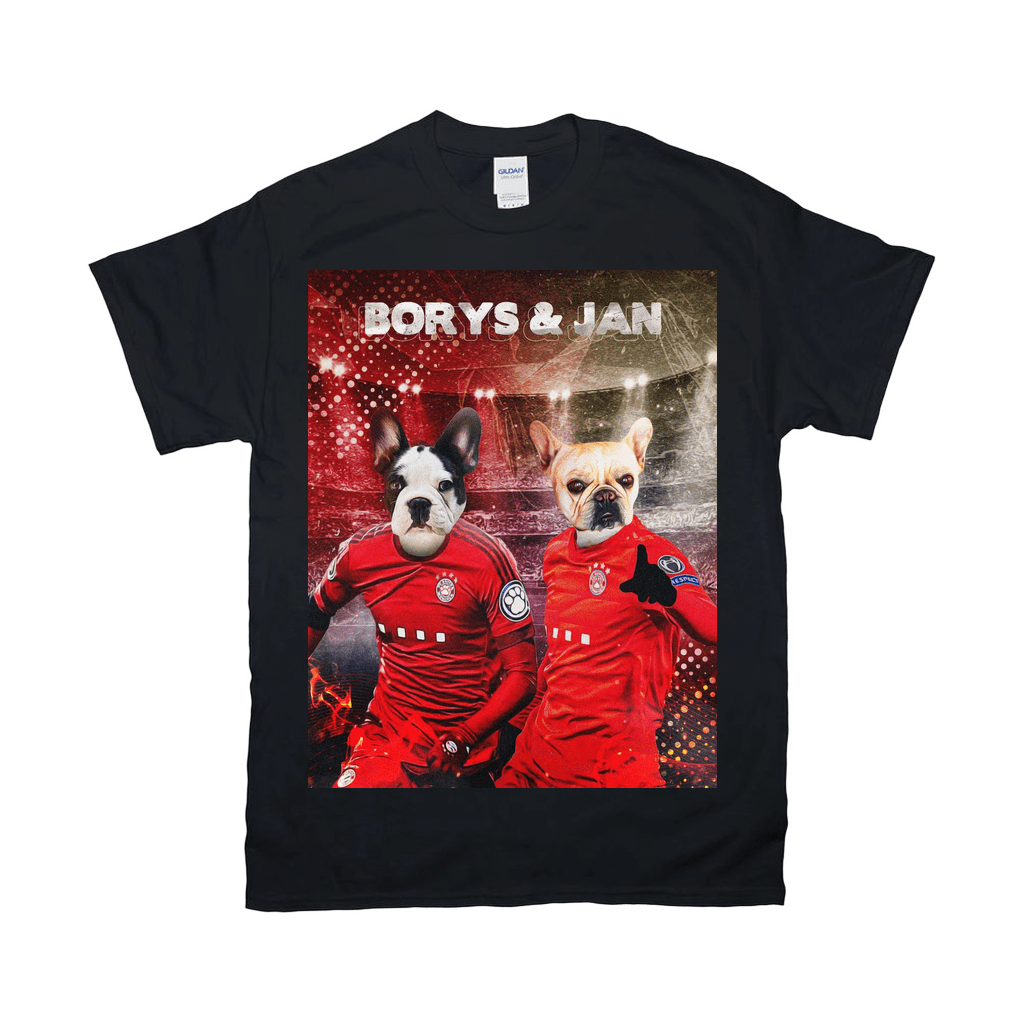 Black Gildan t-shirt with two personalized French bulldog pets in red soccer jerseys, named Borys & Jan.