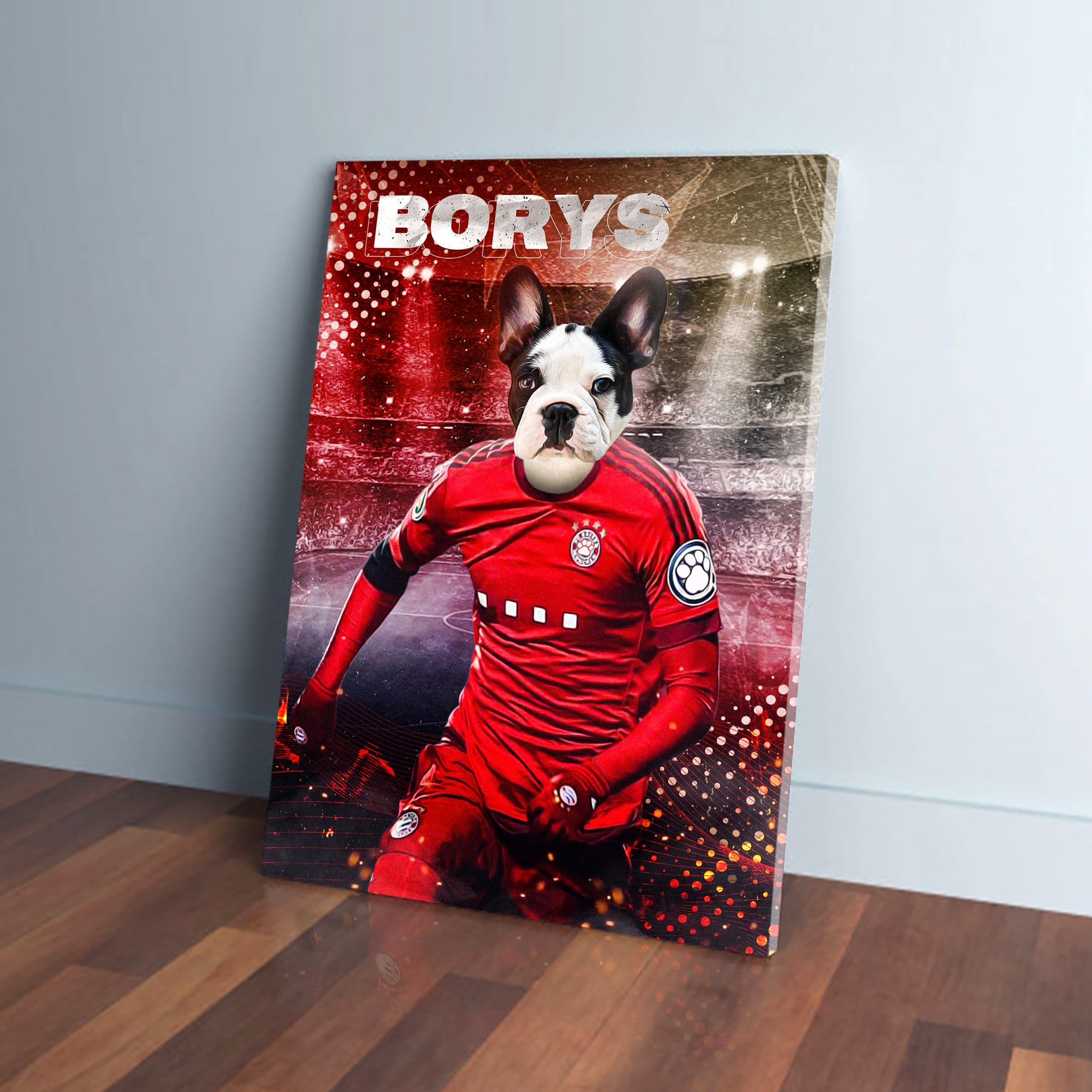 Personalized pet canvas featuring a French Bulldog's head on a soccer player's body in a red uniform.