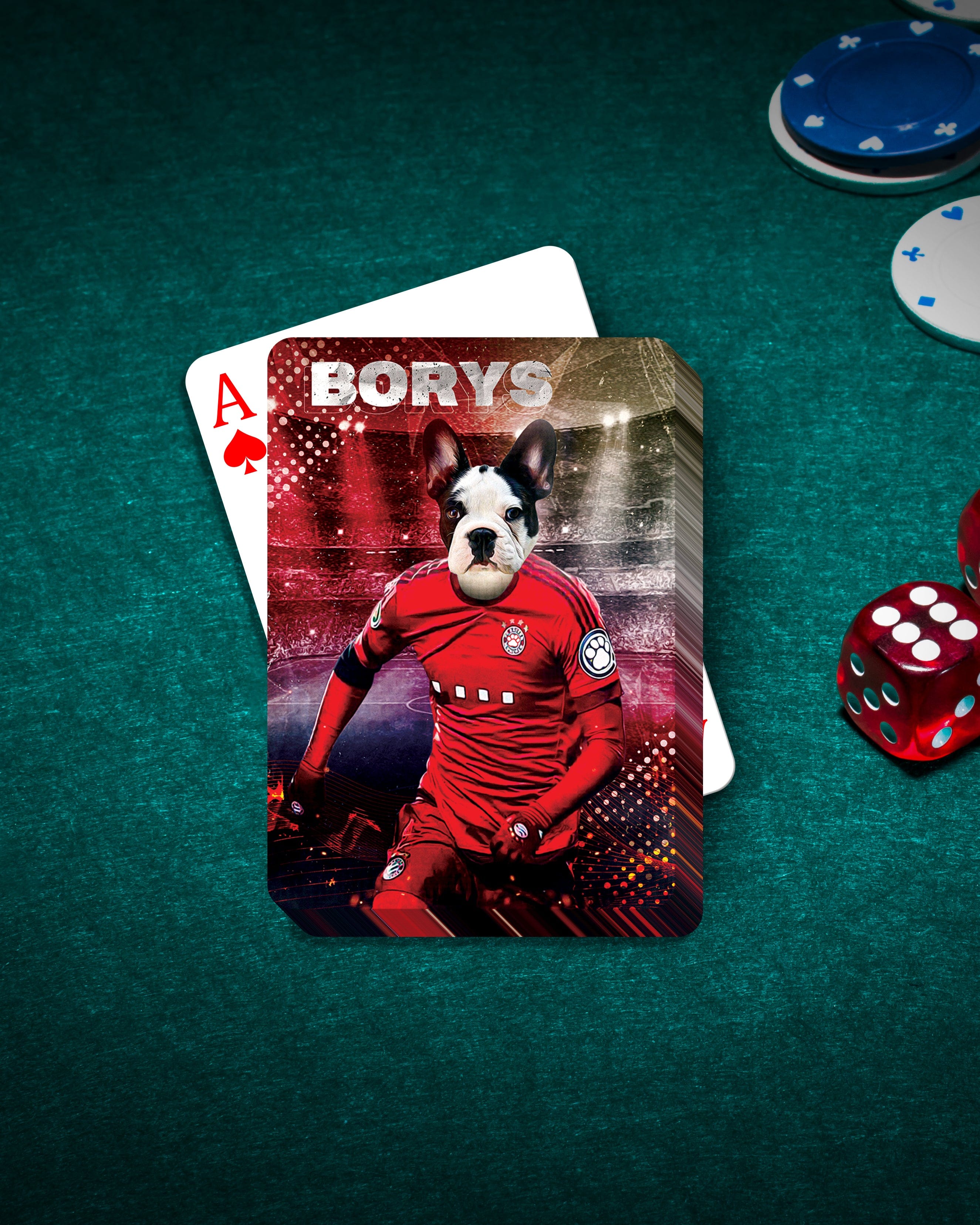 Personalized playing card featuring a French Bulldog in a red soccer uniform on a green felt table.