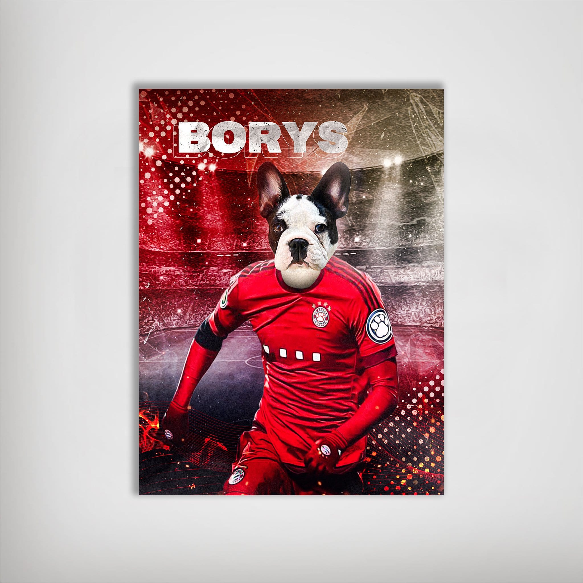 Personalized pet poster featuring a French Bulldog's head on a soccer player in a red uniform, named "BORYS".