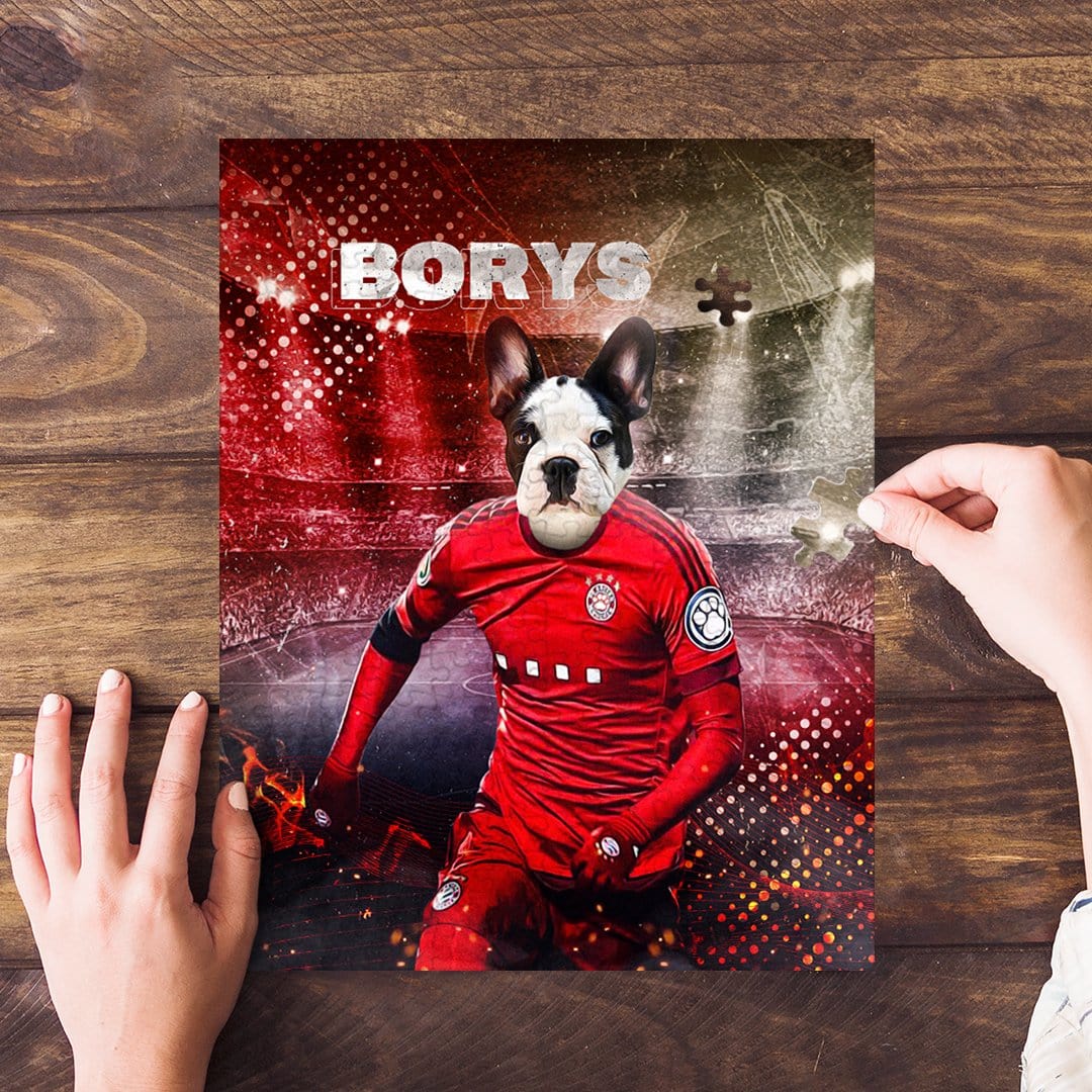 Personalized pet puzzle featuring a French Bulldog in a red soccer uniform with "BORYS" above.