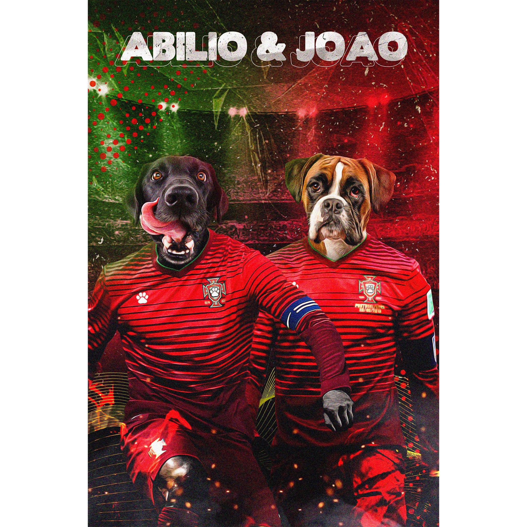 Custom digital portrait of two dogs in Portugal soccer jerseys, "Abilio & Joao" text.