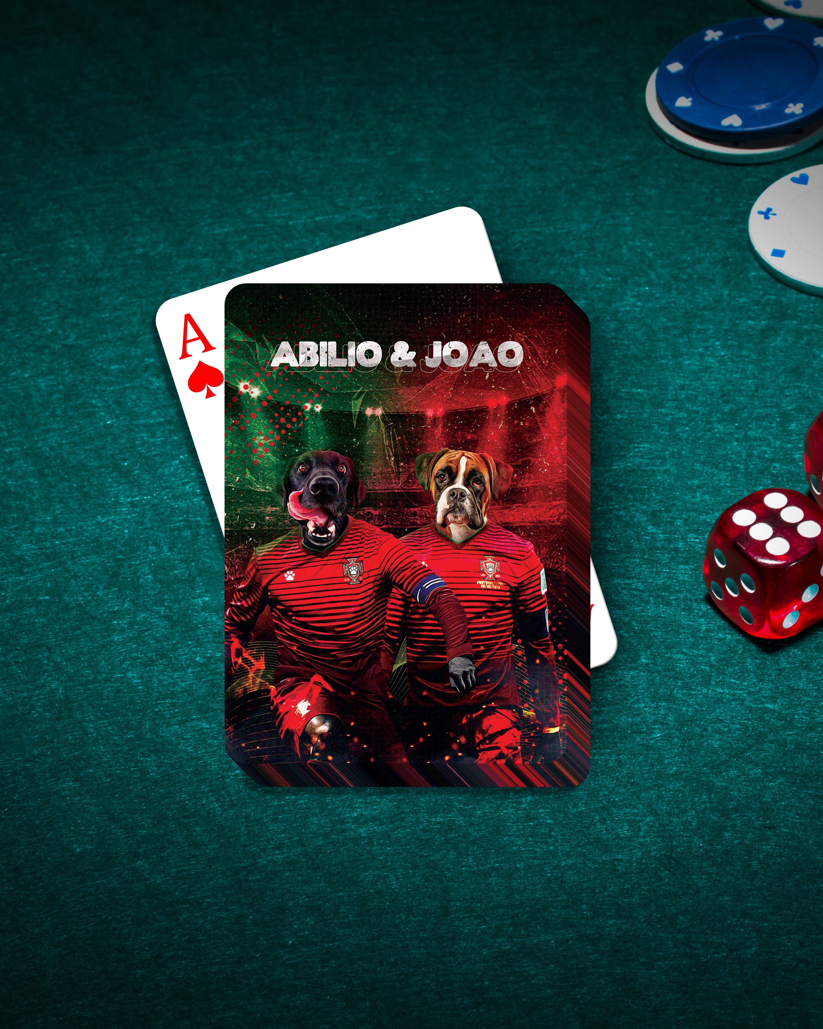 Personalized playing cards featuring two dogs in red soccer jerseys on a green felt table with chips and dice.