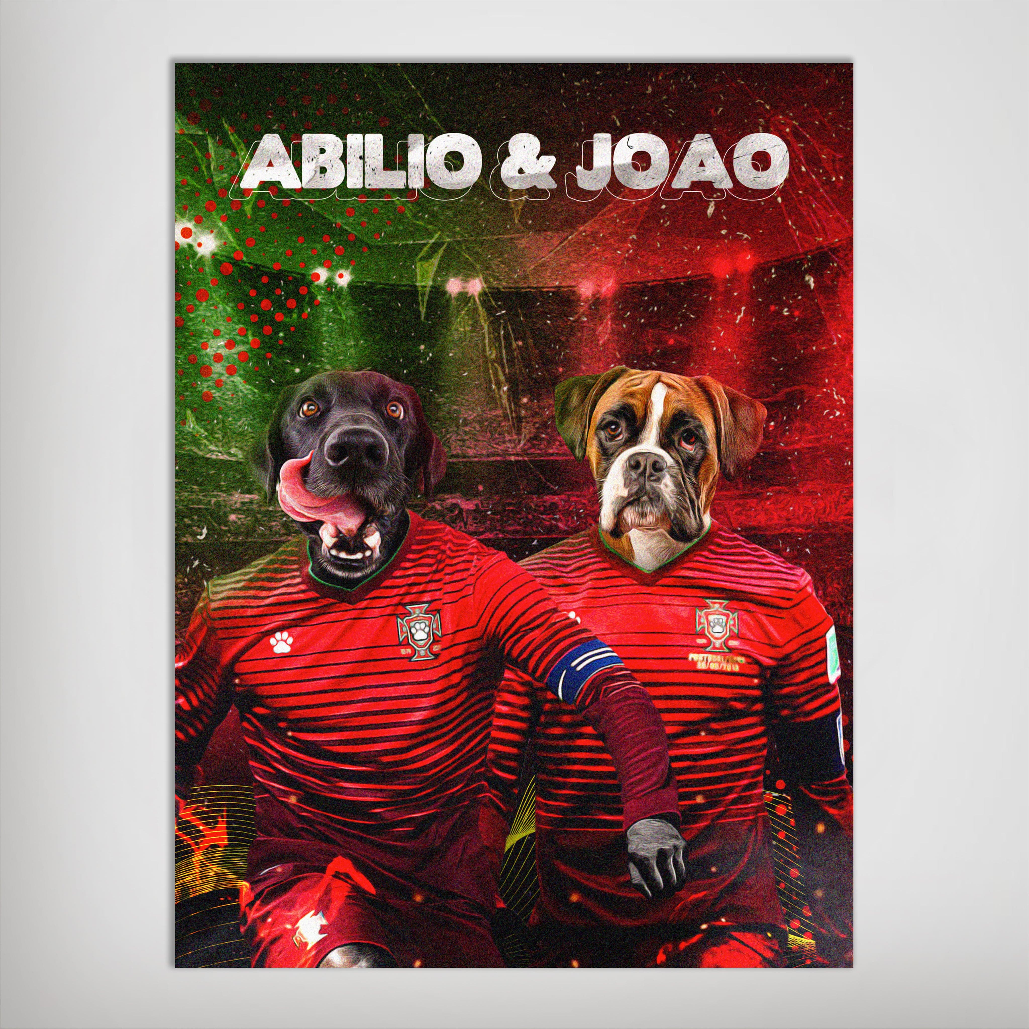 Personalized Portugal Doggos poster featuring two pets in red soccer jerseys with names Abilio & Joao.