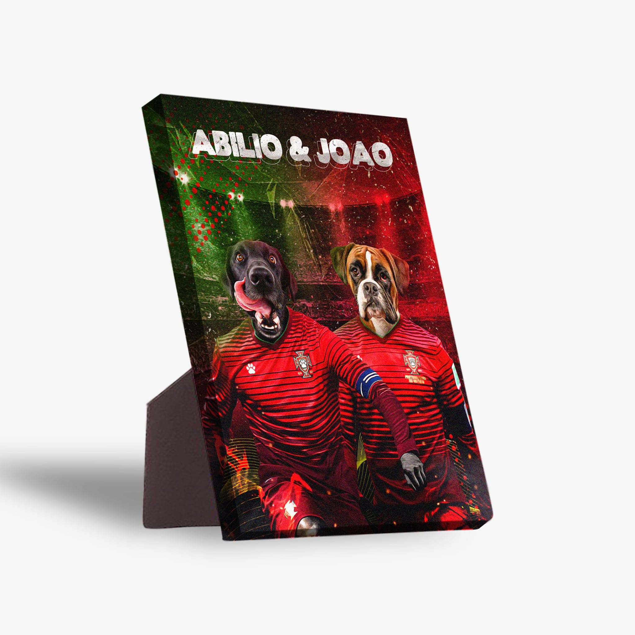 Personalized Portugal Doggos standing canvas featuring two pets in red soccer jerseys.