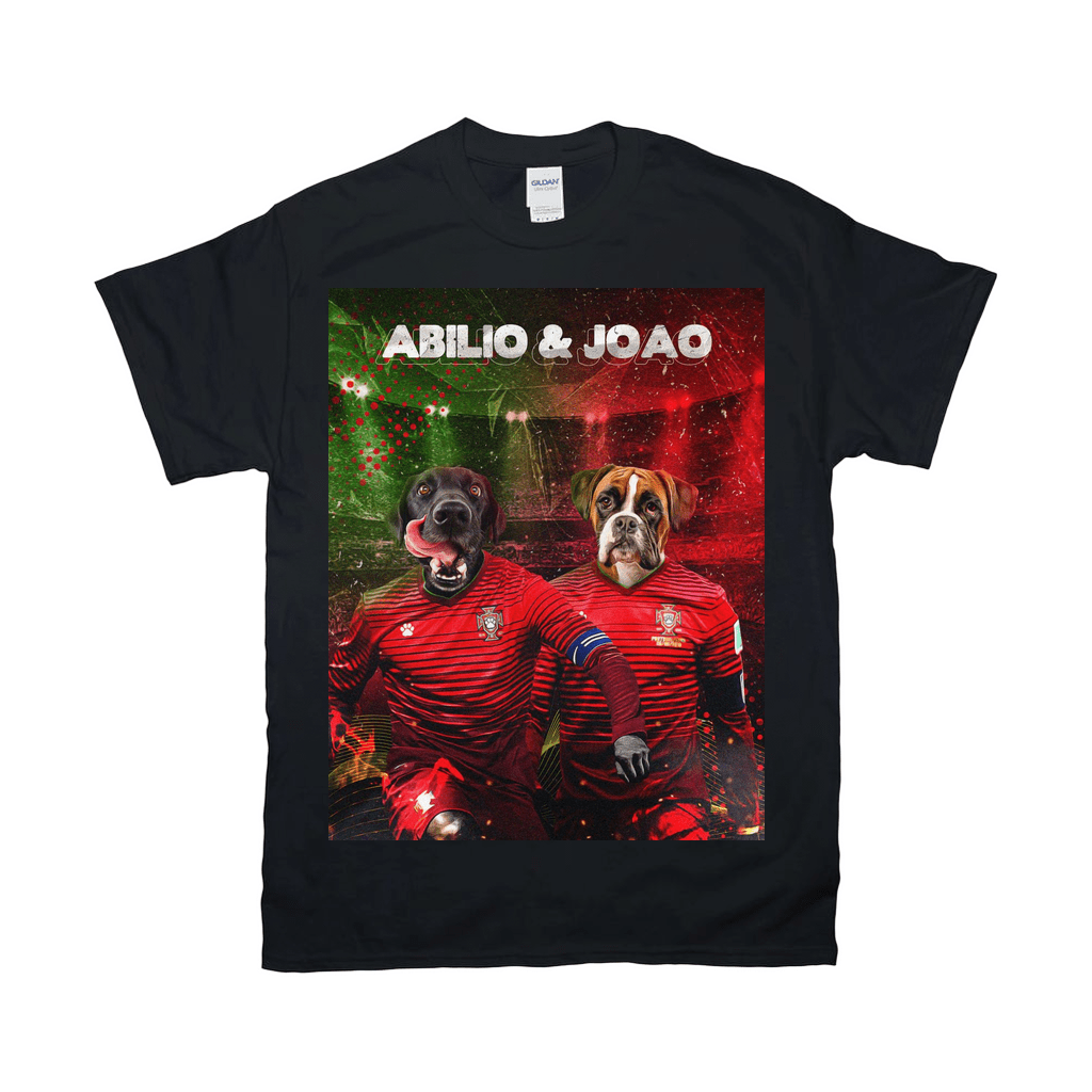 Black Gildan t-shirt with two dogs in red Portugal soccer jerseys, personalized with "ABILIO & JOAO".