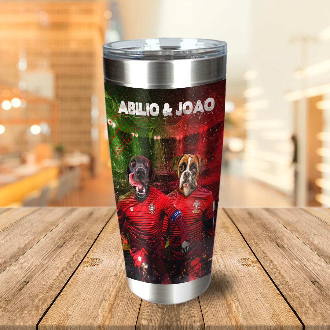 Personalized stainless steel tumbler with two dogs in Portugal soccer jerseys, "ABILIO & JOAO" text.