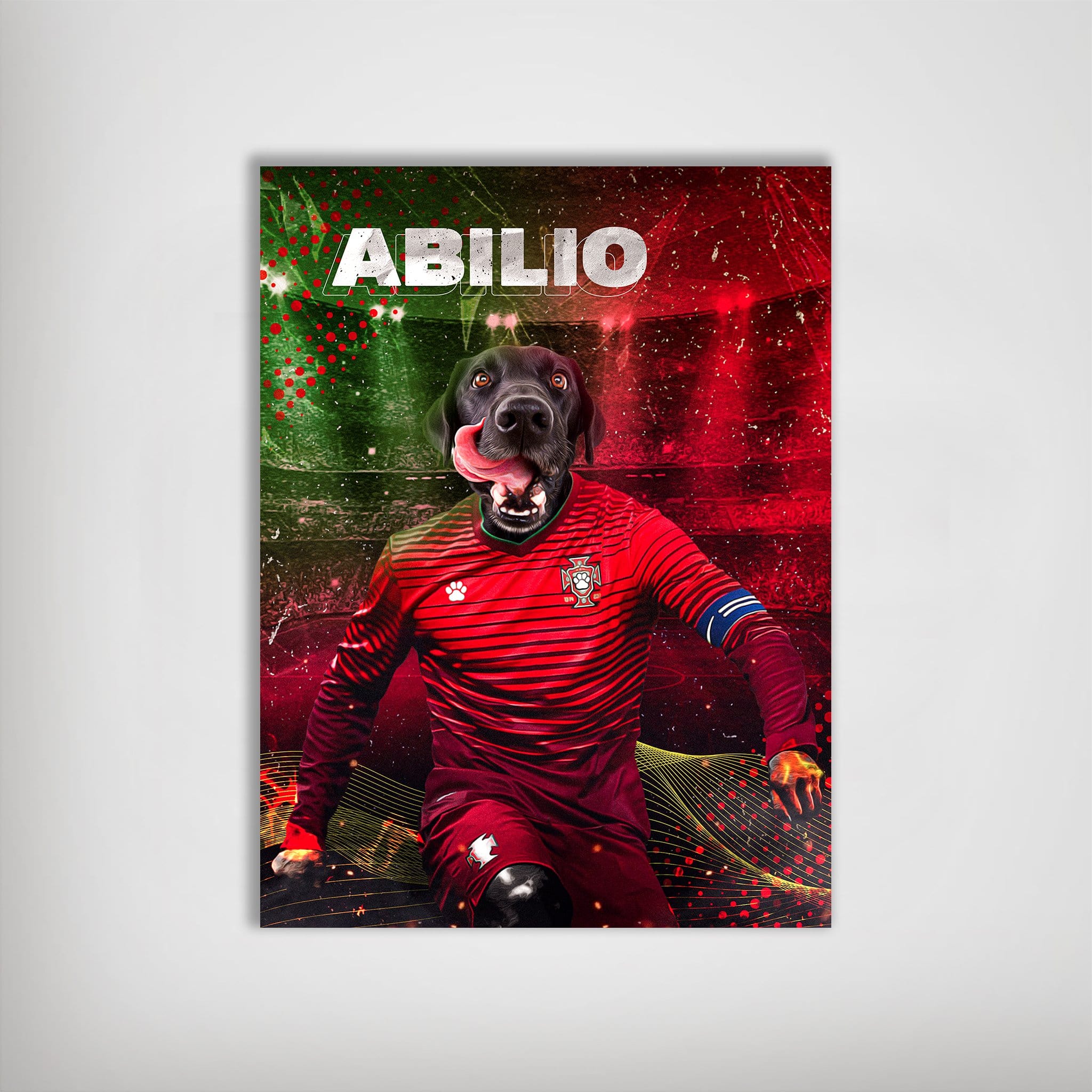 Custom pet poster featuring a black dog's head on a Portuguese soccer player's body in a red jersey, with "ABILIO" text.
