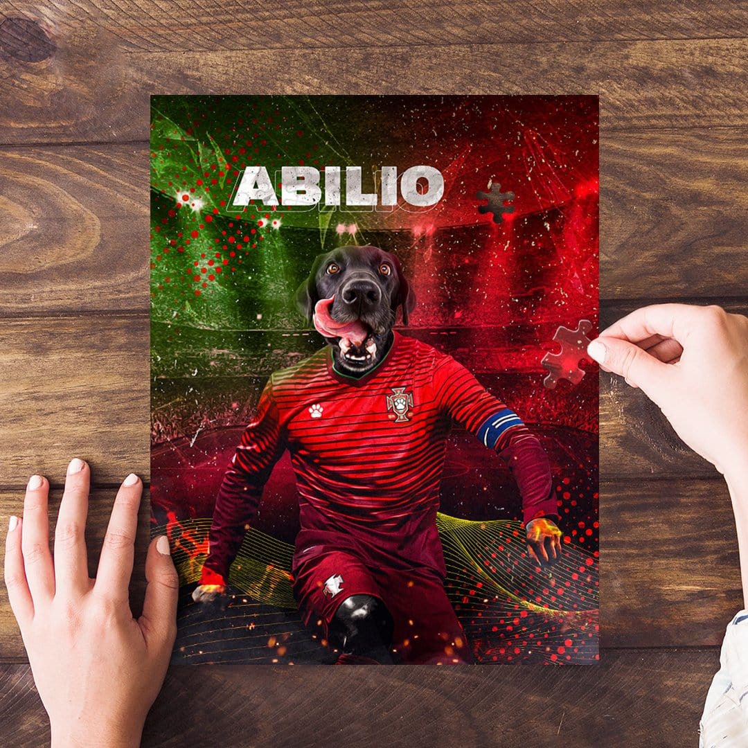 Custom Portugal Doggos Soccer personalized puzzle featuring a black dog in a red jersey.