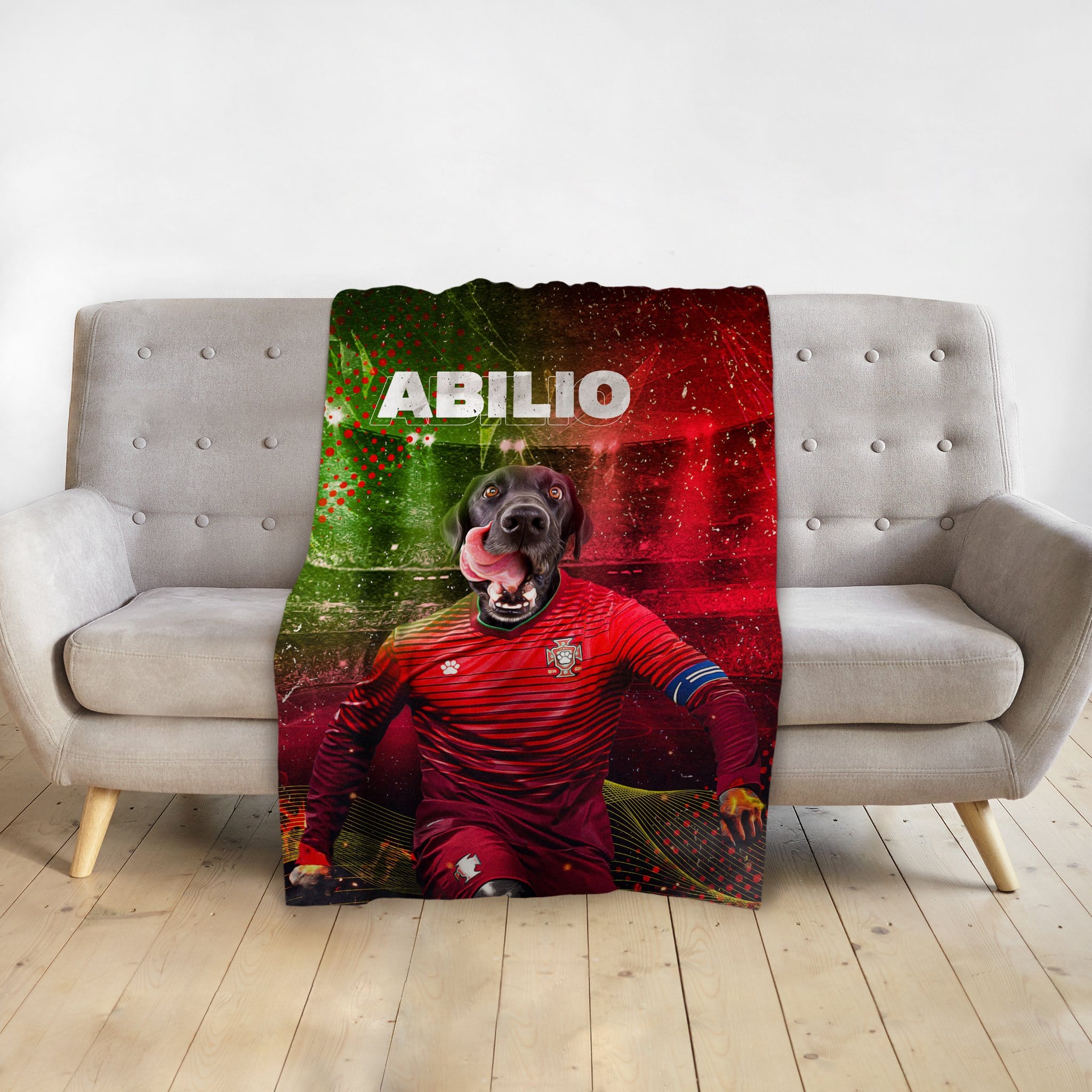 Personalized pet blanket with a black dog's head on a soccer player's body, red and green background.