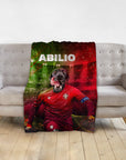 Personalized pet blanket with a black dog's head on a soccer player's body, red and green background.