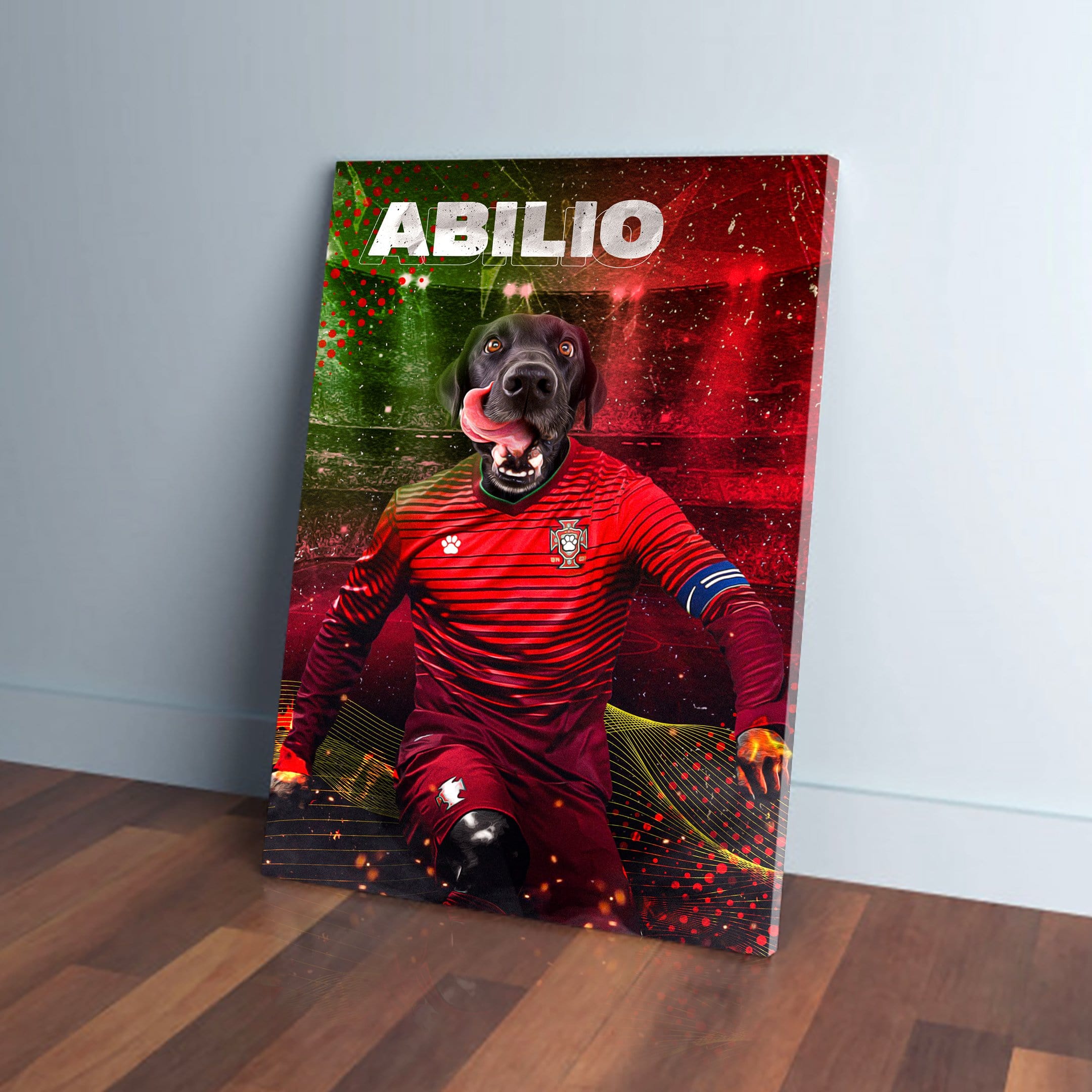 Personalized pet canvas of a black dog in a red Portugal soccer jersey with "ABILIO" above.